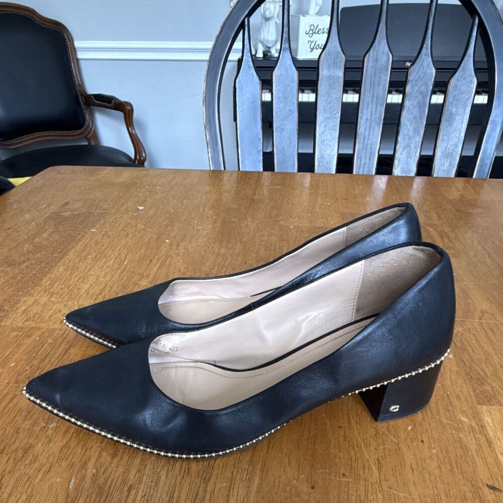 Coach FG4610 Black Leather Pointed Toe Pumps Gold Stud Trim Size 10B